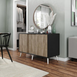 Urbn-Living Urbnliving 3-Door Sliding Cabinet Sideboard Black Carcass With Oak Doors Storage Organiser Home Cupboard White Wooden Legs - thumbnail 2
