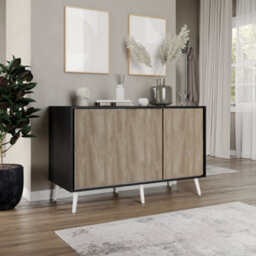 Urbn-Living Urbnliving 3-Door Sliding Cabinet Sideboard Black Carcass With Oak Doors Storage Organiser Home Cupboard White Wooden Legs - thumbnail 3