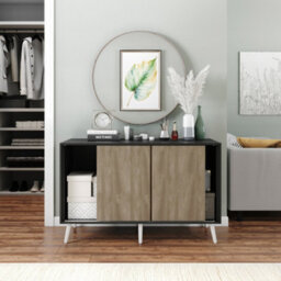 Urbn-Living Urbnliving 3-Door Sliding Cabinet Sideboard Black Carcass With Oak Doors Storage Organiser Home Cupboard White Wooden Legs - thumbnail 4