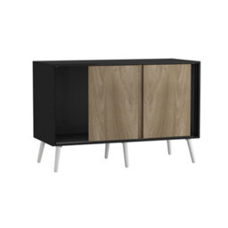 Urbn-Living Urbnliving 3-Door Sliding Cabinet Sideboard Black Carcass With Oak Doors Storage Organiser Home Cupboard White Wooden Legs - thumbnail 5