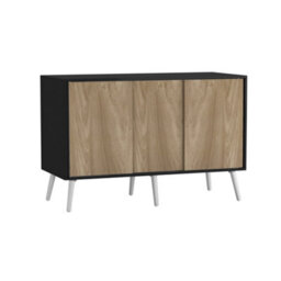 Urbn-Living Urbnliving 3-Door Sliding Cabinet Sideboard Black Carcass With Oak Doors Storage Organiser Home Cupboard White Wooden Legs - thumbnail 1