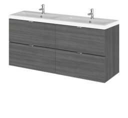 Hudson Reed Fusion Wall Hung 4 Drawer Vanity Unit & Twin Ceramic Basin, Sink Vanity Unit, Anthracite Woodgrain, 1200mm - thumbnail 2