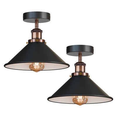 2 Pack  Vintage Flush Mount Ceiling Lamp E27 Light Fixture For Living Room Bedroom Dining Room 22Cm Black Inner White With Bulb - image 1