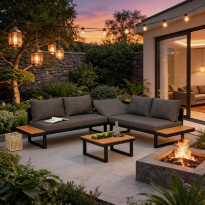 Fenchilin Garden Lounge Set 4-5 Seater Patio Sofa With Tables Reclining Adjustable Seating Black, Grey