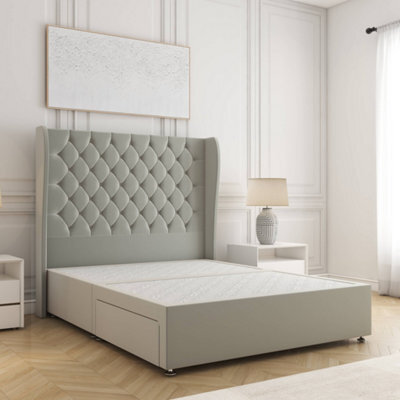 Bsspoke Amelia Divan Bed Set Silver Plush Velvet With 54Inch Wingedback Panel Headboard No Drawers No Mattress In All Sizes - image 1