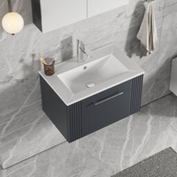 Balterley Belvide Partial Fluted 1 Drawer Wall Hung Vanity Unit With 1 Tap Hole Minimalist Basin - 600mm - Satin Dark Grey - thumbnail 5