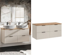 Impact Furniture Double Vanity Unit Beige Bathroom 1200mm Cabinet Cashmere Drawers Storage Oak Effect Countertop Worktop Adel - thumbnail 1