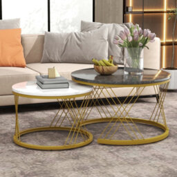 Set Of 2 Round Coffee Tables With Marble Pattern Tops And Metal Frames, White And Black - thumbnail 3