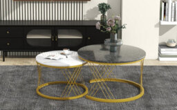Set Of 2 Round Coffee Tables With Marble Pattern Tops And Metal Frames, White And Black - thumbnail 4