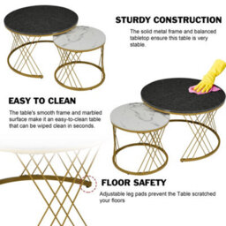 Set Of 2 Round Coffee Tables With Marble Pattern Tops And Metal Frames, White And Black - thumbnail 6