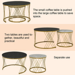 Set Of 2 Round Coffee Tables With Marble Pattern Tops And Metal Frames, White And Black - thumbnail 9
