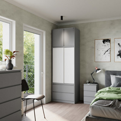 Urbn-Living Urbnliving 240Cm Contemporary Sliding Door Wardrobe Bedroom Storage Grey Carcass White Doors - image 1