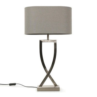 Valuelights Katniss Large Silver Chrome Metal Bedside Table Lamp With A Grey Oval Fabric Lampshade - Bulb Included - image 1