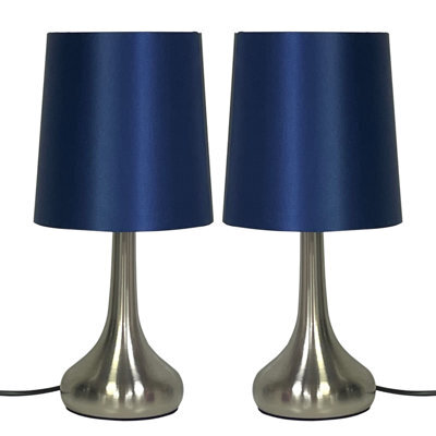 Navilux Pair Of Chrome Teardrop Touch Table Lamp With Navy Faux Silk Shade 4 Stage Dimmable Led Compatible, Bedroom Or Living Room - image 1
