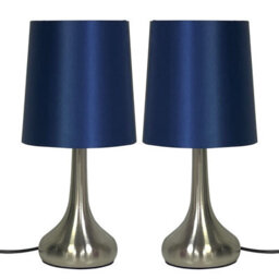 Navilux Pair Of Chrome Teardrop Touch Table Lamp With Navy Faux Silk Shade 4 Stage Dimmable Led Compatible, Bedroom Or Living Room