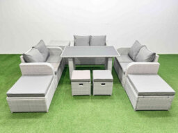 Fimous 10 Seater Patio Garden Furniture Sets With Black Glass Top Dining Table Love Sofa Side Table 4 Stools Light Grey - thumbnail 2