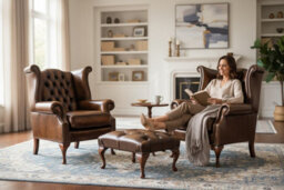 Chesterfield 2 X Chairs+Footstool Antique Gold Leather Chairs Offer In Queen Anne Style - thumbnail 2
