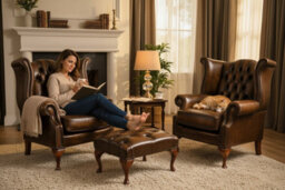 Chesterfield 2 X Chairs+Footstool Antique Gold Leather Chairs Offer In Queen Anne Style - thumbnail 3