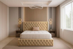 Slumbre Chesterfield Plush Velvet Divan Bed, Winged Headboard, Mattress & Footboard - 4Ft6 Double - Coffee - 2 Drawers Left Side