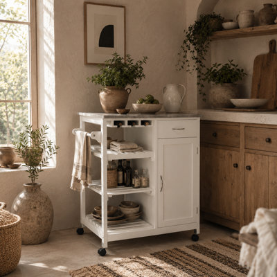 Wyld Haus Sohavi White Compact Kitchen Trolley With Marble-Effect Top, Wine Rack, Drawer And Open Shelves - image 1