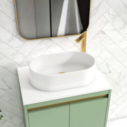Royal Bathrooms Orion 600mm Mint Sage Floor Standing Plain White Countertop Vanity Unit 2 Drawer With Peak Basin & Brushed Brass Accent Trim - thumbnail 5