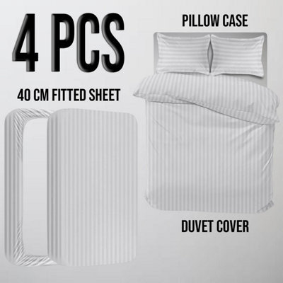 Ameha White Striped Microfibre Bedding Set Super King, Reversible & Breathable Duvet Cover, Fitted Sheet & Pillowcases