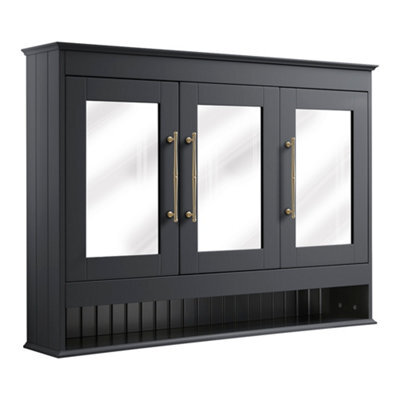 Homestylestore 1050 X 750mm Black Grey Wall Mounted Mirrored Door Bathroom Cabinet And Brushed Brass T Bar Handles - image 1