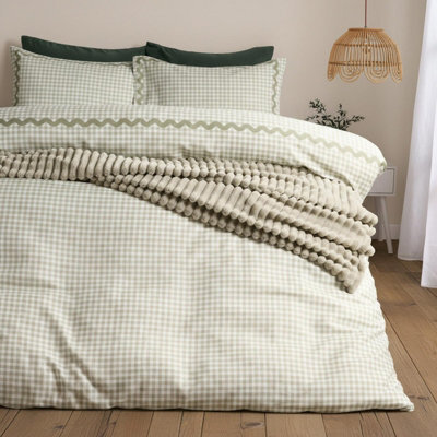 Ohs Gingham Wave Border Bedding Set Microfibre Duvet Cover With Pillowcase, Sage - King - image 1