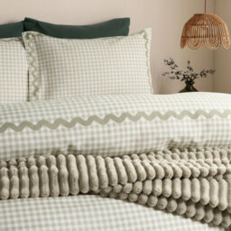 Ohs Gingham Wave Border Bedding Set Microfibre Duvet Cover With Pillowcase, Sage - King - thumbnail 2