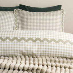 Ohs Gingham Wave Border Bedding Set Microfibre Duvet Cover With Pillowcase, Sage - King - thumbnail 4