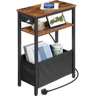 Sofa Side Table With Charging Station Bedside Table 3-Tier End Table Brown - image 1