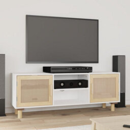 Berkfield Tv Cabinet White 105X30X40 Cm Solid Wood Pine&natural Rattan