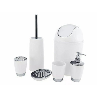 White 6 Piece Bathroom Shower Accessory Set Bath Accessories - Bin, Soap Dispenser & Dish, Toilet Brush, Toothbrush Holder, Tumbl - image 1