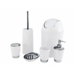 White 6 Piece Bathroom Shower Accessory Set Bath Accessories - Bin, Soap Dispenser & Dish, Toilet Brush, Toothbrush Holder, Tumbl