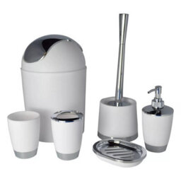 White 6 Piece Bathroom Shower Accessory Set Bath Accessories - Bin, Soap Dispenser & Dish, Toilet Brush, Toothbrush Holder, Tumbl - thumbnail 2