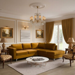 Orlando Velvet Upholstered Corner Sofa With Metal Legs Decorative Cushions Included 2355X212X85Cm Mustard Right - thumbnail 2