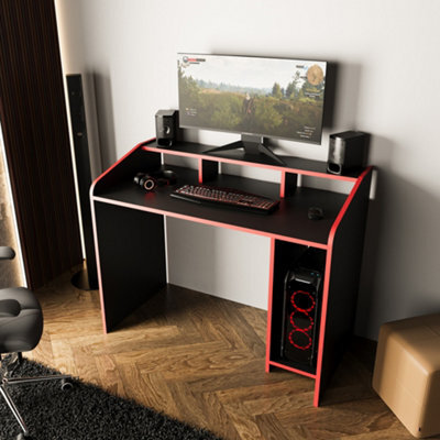 117 Cm Pc Gaming Desk With Monitor Shelf, Ergonomic Computer Desk For Home Office, Modern Study Desk (Black&red, Nova) - image 1