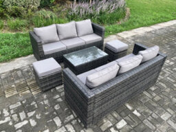 Fimous 8 Seater Rattan Garden Furniture Set Outdoor Patio Sofa Set With Oblong Coffee Table Small Footstools Dark Grey Mixed - thumbnail 2
