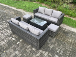 Fimous 8 Seater Rattan Garden Furniture Set Outdoor Patio Sofa Set With Oblong Coffee Table Small Footstools Dark Grey Mixed - thumbnail 1
