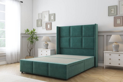 "Sloomy Beaumont Emerald Plush Divan Bed Base No Drawers - 54"" Wingback Headboard & 12"" Footboard 3' Single" - image 1