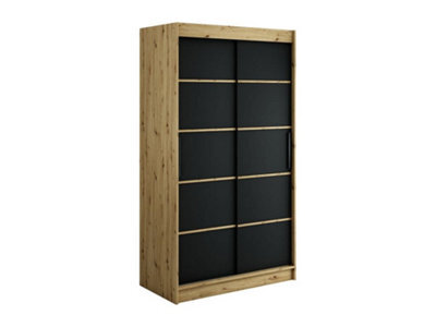 Arte Leto T Contemporary 2 Sliding Door Wardrobe 5 Shelves 2 Rails Black Matt And Oak Effect (H)2000mm (W)1200mm (D)620mm - image 1