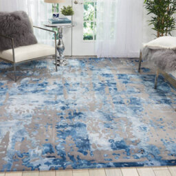 Blue Grey Wool Optical Abstract Luxurious Handmade Modern Rug For Living Room And Bedroom-259Cm X 351Cm - thumbnail 4