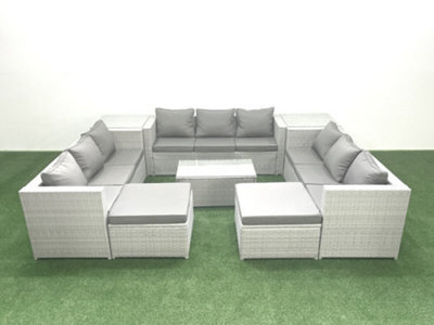 Fimous Rattan Garden Outdoor Furniture Set 11 Seater Garden Sofa Coffee Table Set 2 Big Stools 2 Side Tables Light Grey - image 1