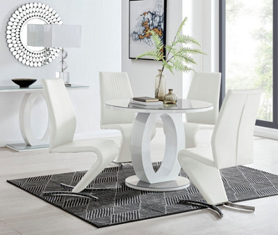 Furniturebox Giovani Round 4 Seat 100Cm White High Gloss Unique Halo Base Grey Glass Top Dining Table 4 White Faux Leather Willow Chairs - image 1