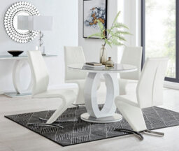 Furniturebox Giovani Round 4 Seat 100Cm White High Gloss Unique Halo Base Grey Glass Top Dining Table 4 White Faux Leather Willow Chairs - thumbnail 1
