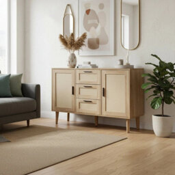 Wooden Sideboard 2 Doors & 3 Drawers Storage Rattan Cabinet Centra Console Table - thumbnail 3