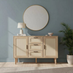 Wooden Sideboard 2 Doors & 3 Drawers Storage Rattan Cabinet Centra Console Table - thumbnail 5