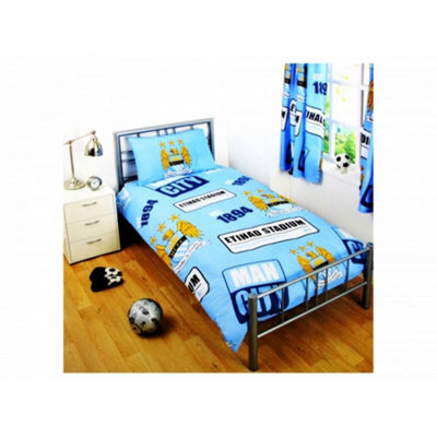 Manchester City Fc Official Clic Crest Patch Single Duvet And Pillow Case Set Sky Blue (Single Bed)