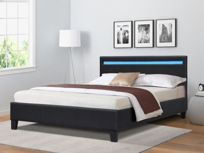 Comfy Living 4Ft6 Black Faux Leather Modern Bed Frame With Led - image 1