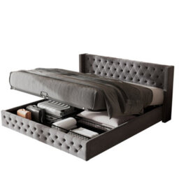 Matteo Functional Upholstered Bed With Hydraulic Lever, 150X200 Cm, Grey Velvet, Without Mattress - thumbnail 6